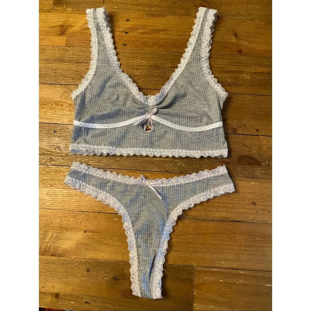 Sexy grey Medium comfort bra top milkmaid cute style bow sleep set